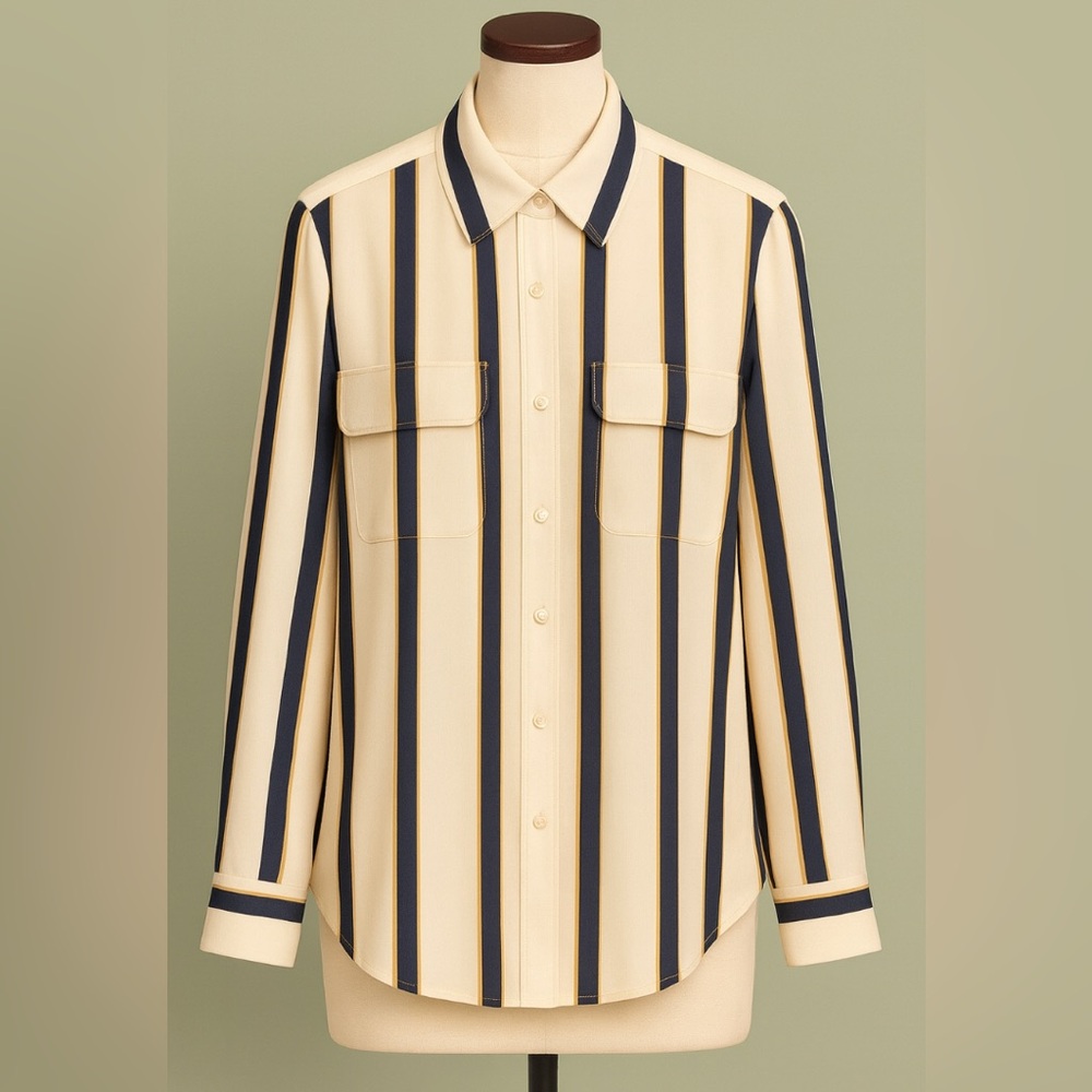 Equipment “Femme” White Blouse with Navy and Caramel Stripes